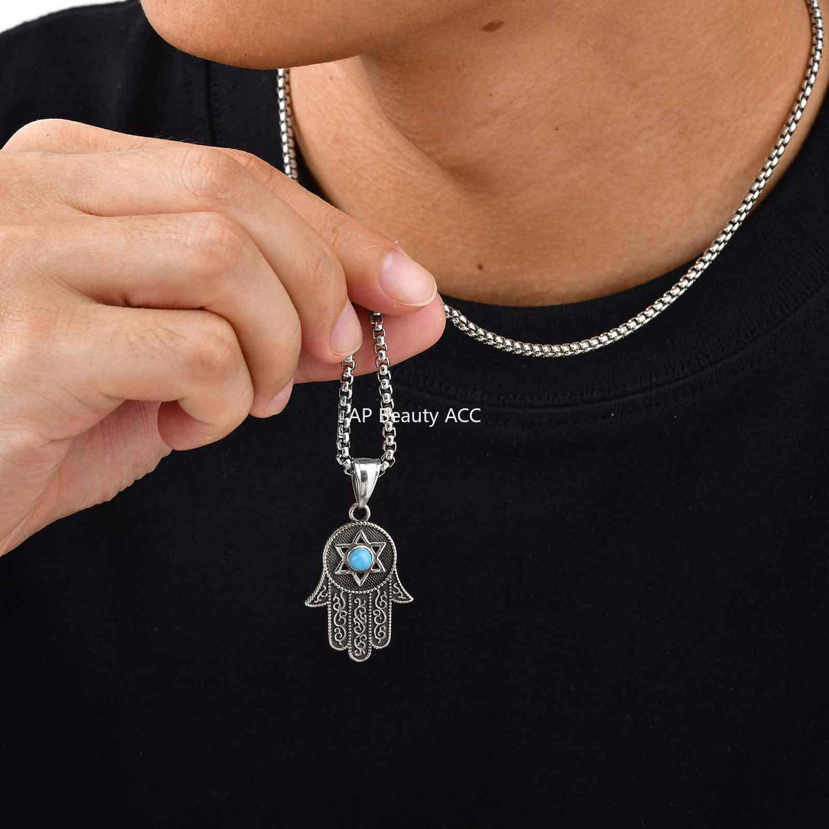 G廠-不鏽鋼項鍊批發個性六芒星綠松石法蒂瑪之手吊墜手掌鋼色「PN-2232」25.11-1