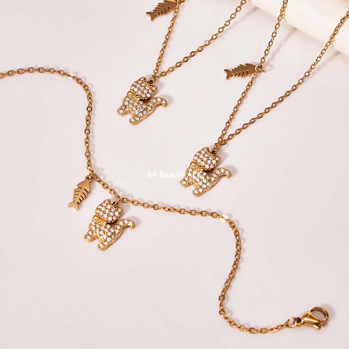 B廠-時尚可愛小貓帶鑽吊墜手鍊項鍊套裝不鏽鋼鍍18k真金不掉色「TXP464」25.11-3