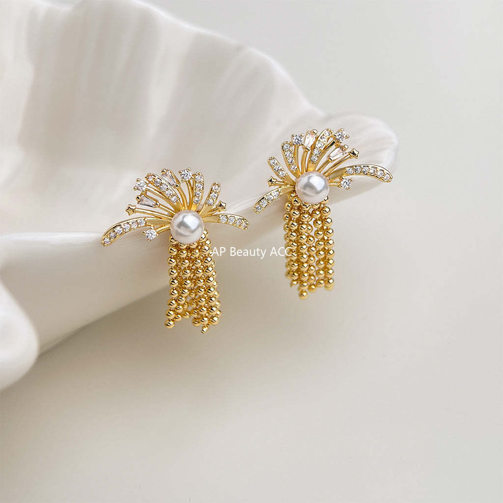 A廠-微鑲鋯石時尚高級感煙火流蘇S925銀針新款耳環女小眾設計創意耳飾「7136」25.11-4