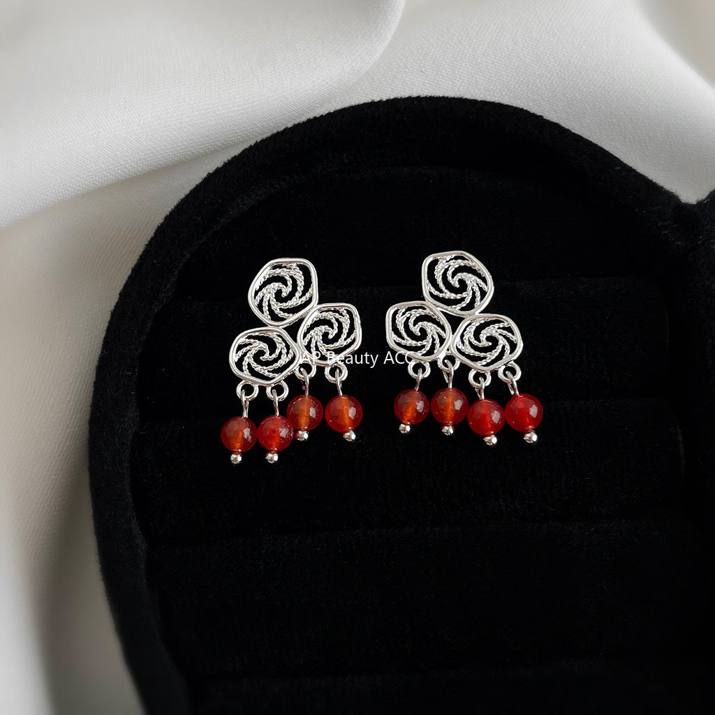 A廠-原創設計文藝復古手工藝設計紅瑪瑙天然石鏤空幾何中式祥雲耳飾「7057」25.11-2