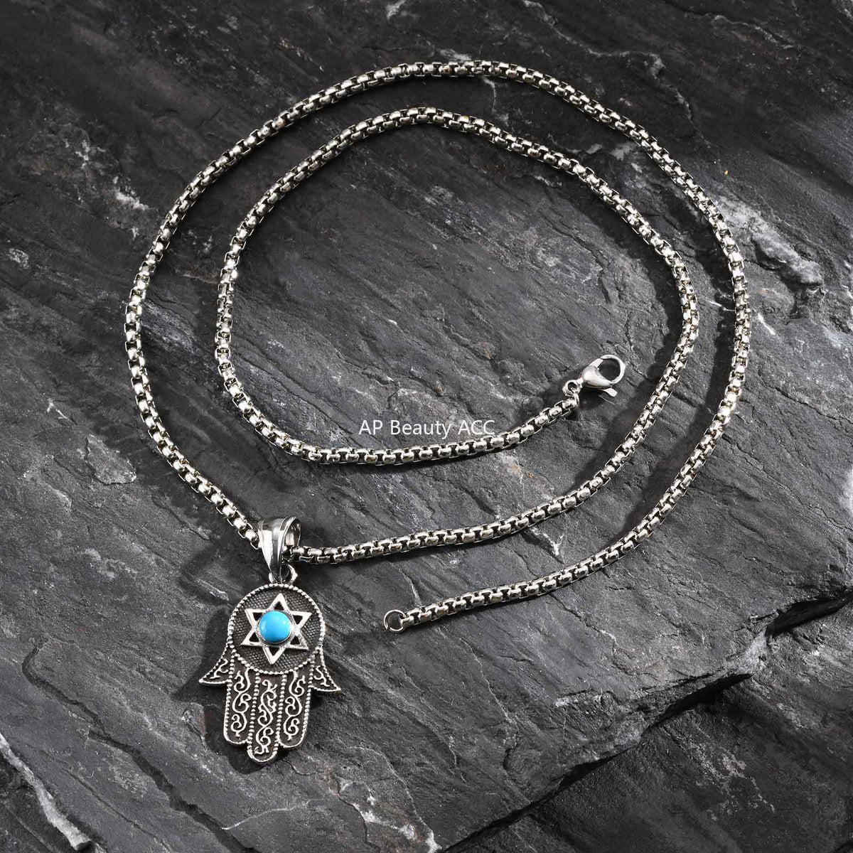 G廠-不鏽鋼項鍊批發個性六芒星綠松石法蒂瑪之手吊墜手掌鋼色「PN-2232」25.11-1