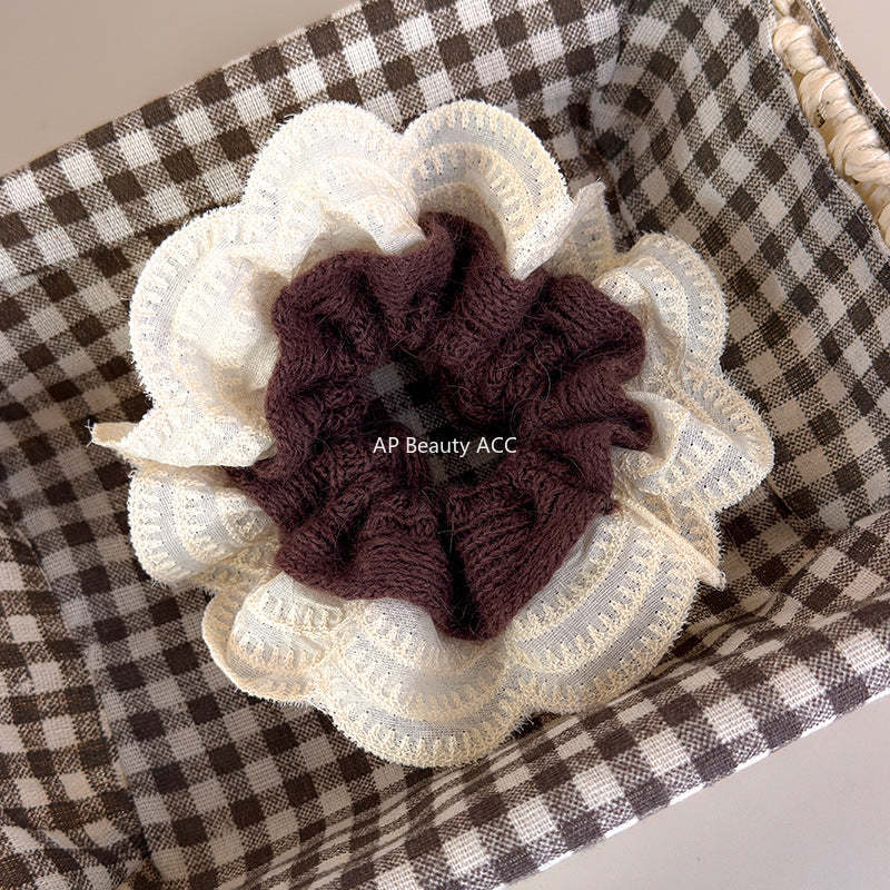 E廠-韓系慵懶風毛線針織蕾絲花邊雙層大腸髮圈女扎頭髮丸子頭髮繩頭繩「27716」25.11-4