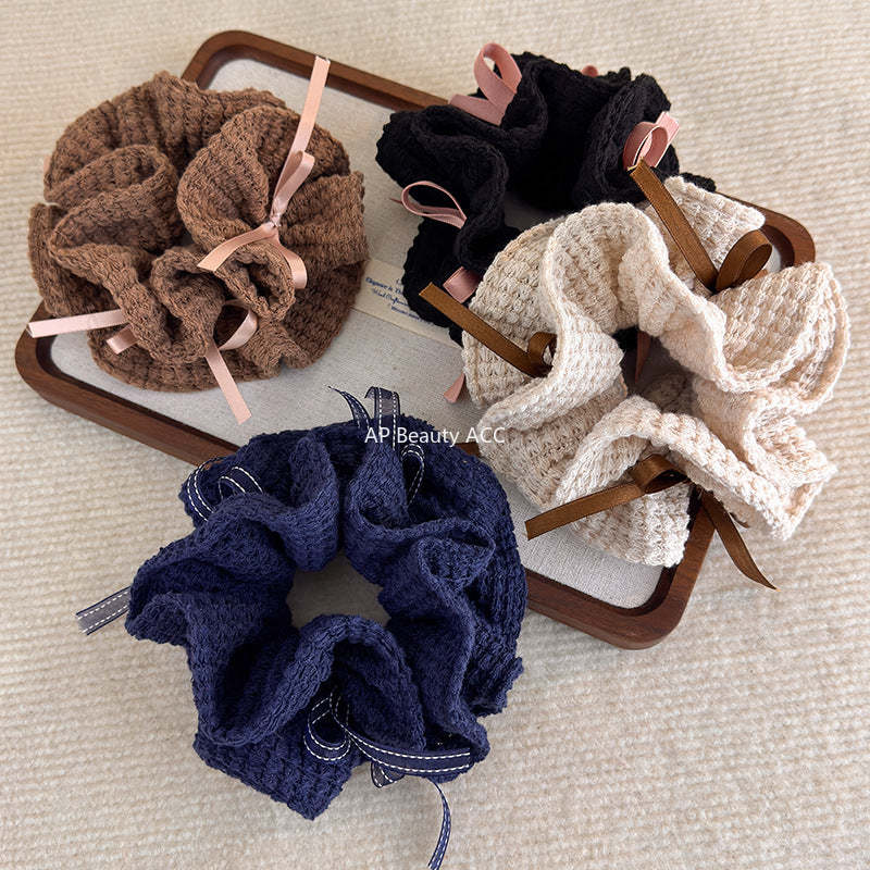 E廠-甜美少女風針織鏤空絲帶蝴蝶結大腸圈髮繩女新款韓系百搭扎頭髮圈「27784」25.12-2