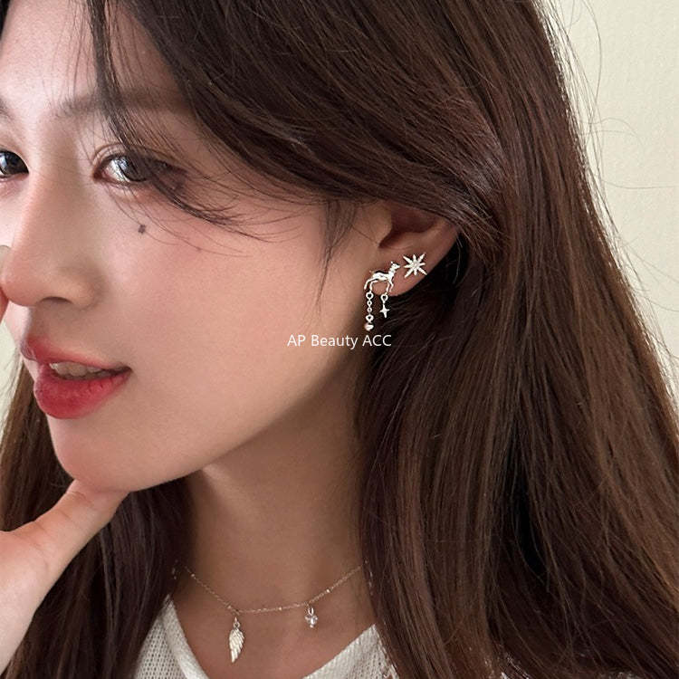C廠-甜美風幸運小鹿耳釘女高級星星流蘇銀針耳環氣質冷淡風不對稱耳飾「EH-4262」25.11-4