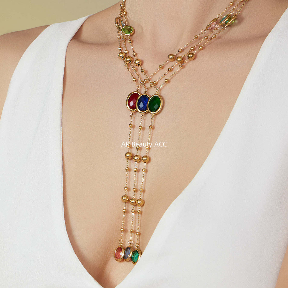 B廠-不鏽鋼十字夾珠鏈橢圓包邊切面玻璃石項鍊耳環首飾套裝鍍18k真金「TXP506」25.12-1