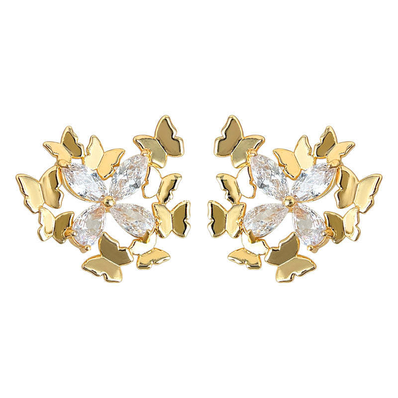 A廠-蝶群~原創設計個性小眾創意925銀針鑲嵌鋯石新款耳飾工廠耳環飾品「7156」25.11-4