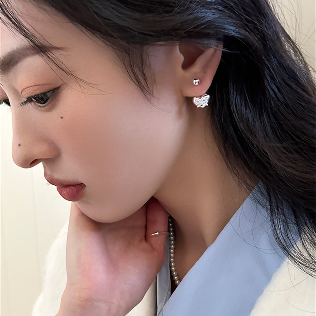 C廠-925銀針後掛式愛心耳釘女輕奢溫婉珍珠蝴蝶結耳環氣質高級感耳飾「EH-3572」25.05-2