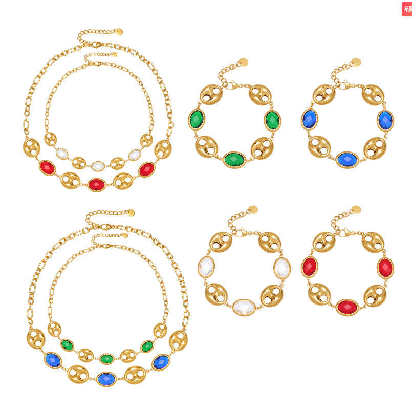 B廠-不鏽鋼空心豬鼻子包邊玻璃石手鍊項鍊套裝鍍18k真金跨境珠寶首飾「TXP514」25.12-2