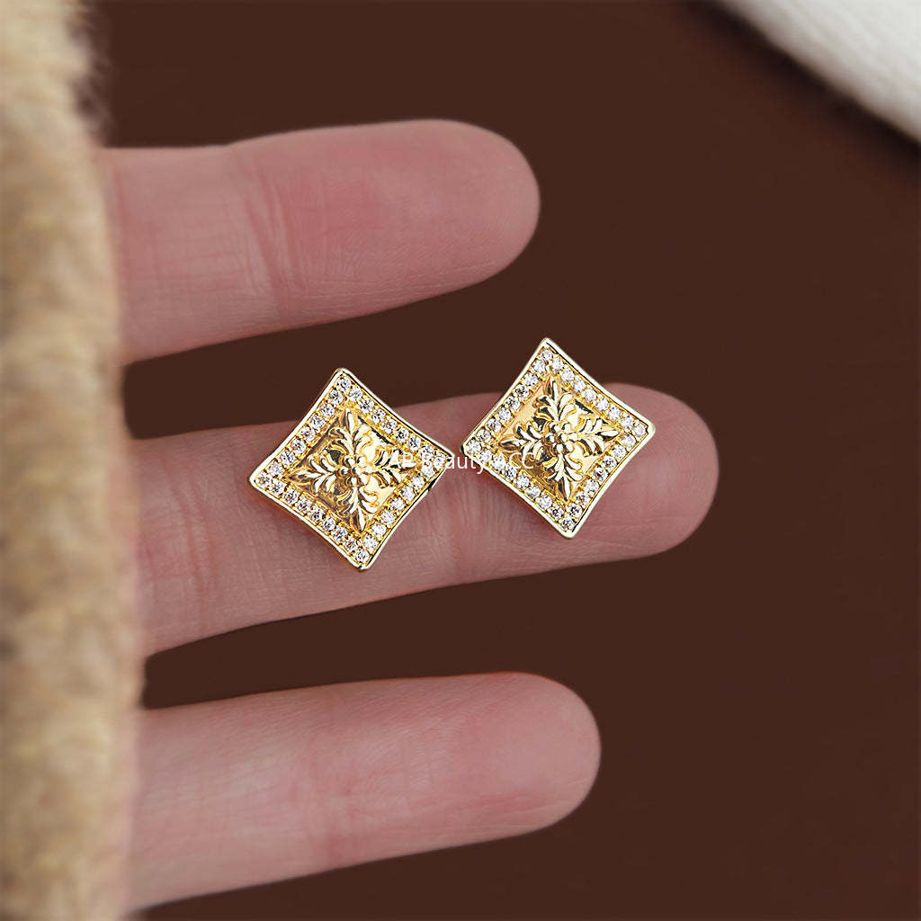 A廠-原創鳶尾花時尚高級感微鑲鋯石方形幾何s925銀針新款耳飾耳釘「7246」25.12-3