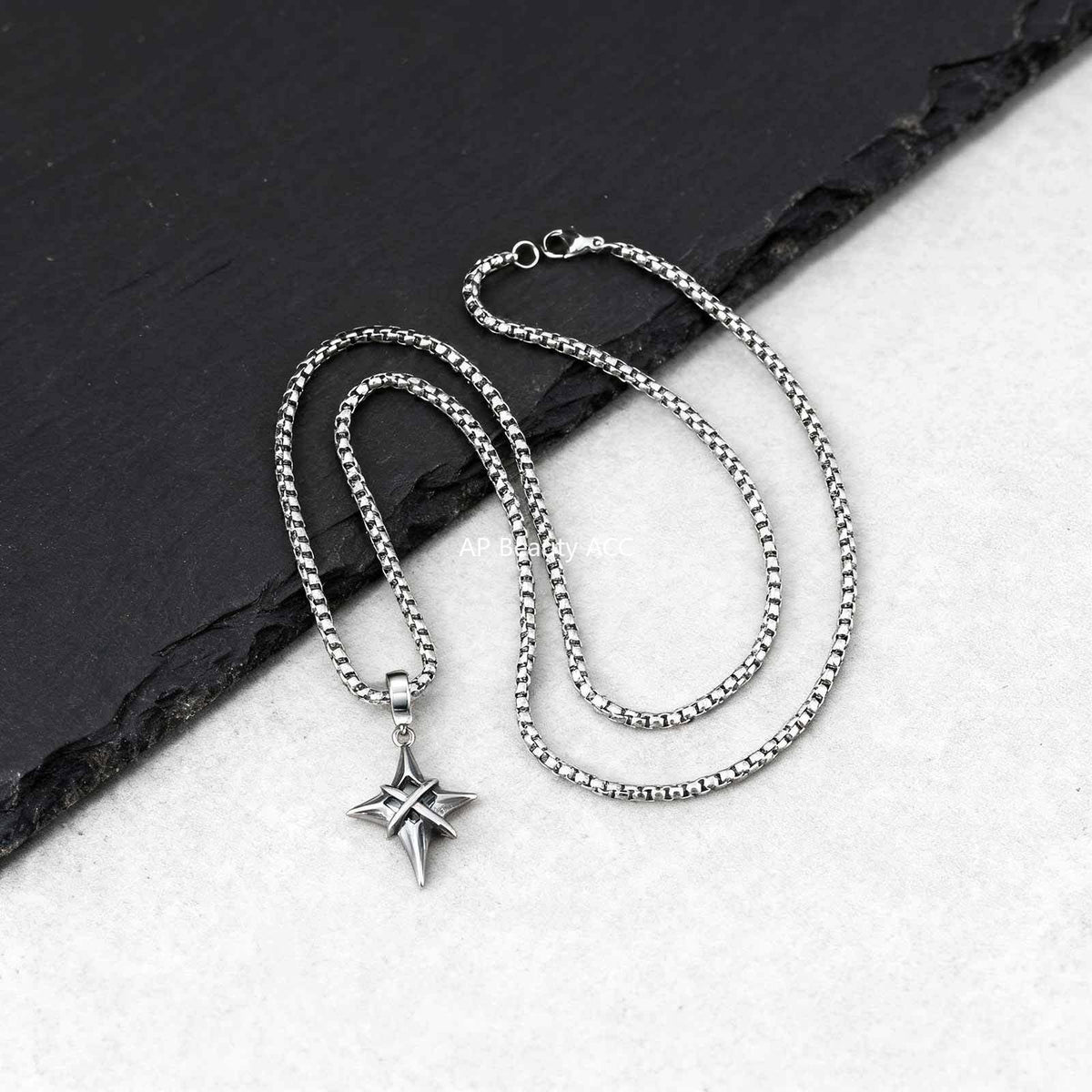 G廠-歐美日韓夜店酒吧嘻哈個性不鏽鋼四芒星鑲黑鋯石吊墜鋼「PN-2316」25.12-3