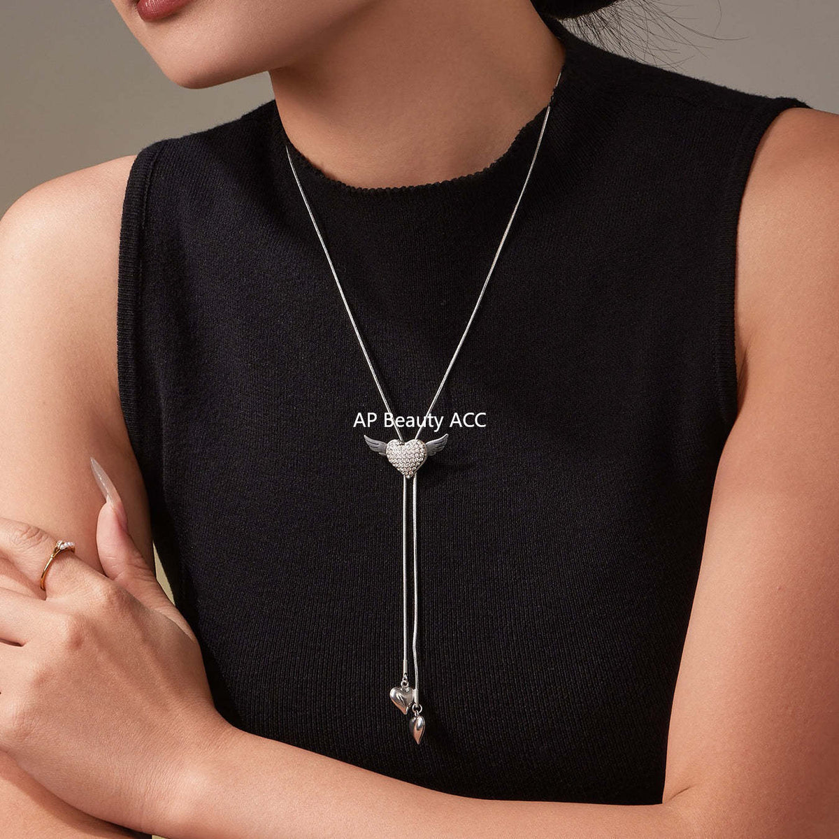 B廠-5A鋯石愛心翅膀抽拉項鍊個性ins冷淡風不鏽鋼流蘇項鍊批發「P1870」25.11-3