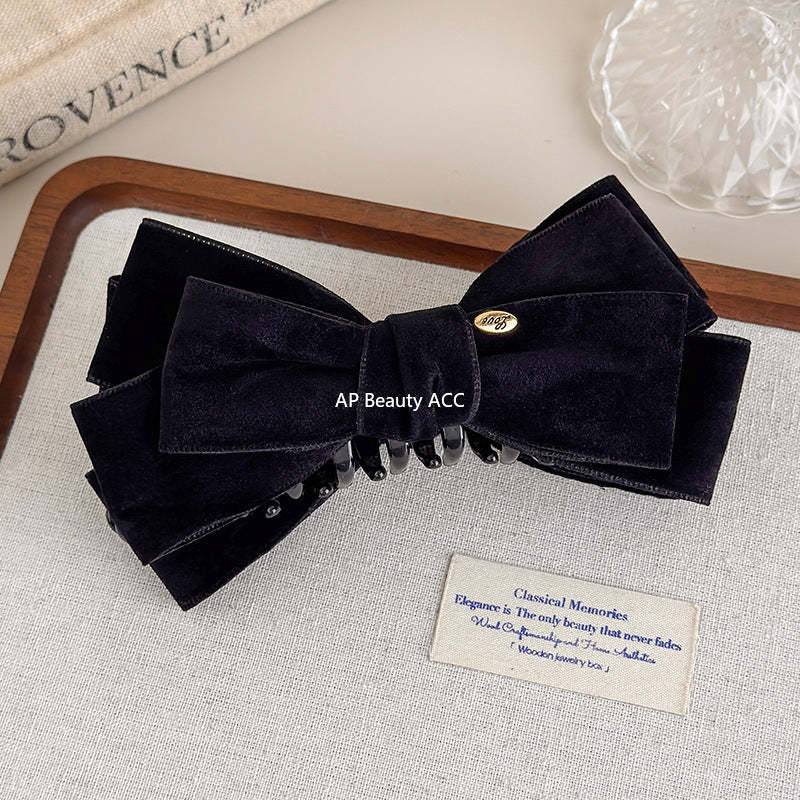 E廠-美拉德麂皮蝴蝶結金標香蕉夾蓬松顯髮量高馬尾抓夾優雅半扎髮夾子「27621」25.11-1