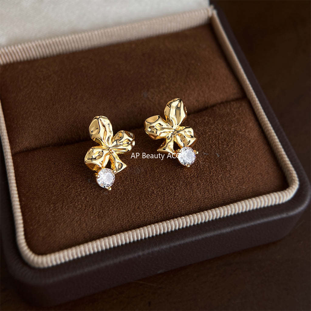 A廠-原廠梅花微鑲鋯石925銀針鍍14K時尚通勤簡約個性新款耳飾耳釘「7137」25.12-1