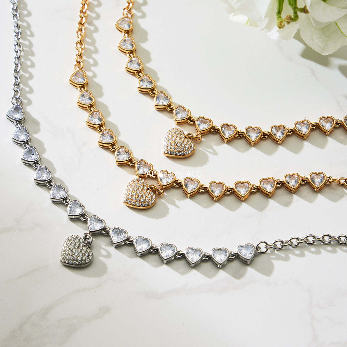 B廠-超閃5A鋯石滿鑽15個愛心鎖骨項鍊不鏽鋼鍍18k真金珠寶首飾「P970」25.11-4