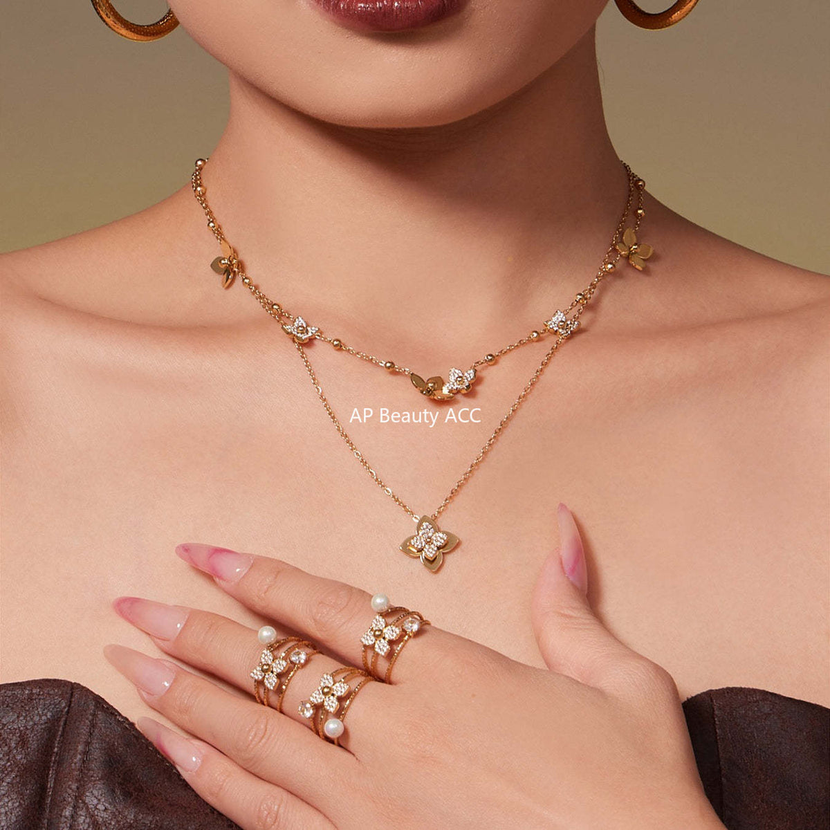 B廠-熱銷新品重十字夾珠鬱金香花朵鑲鋯石滿鑽鎖骨項鍊戒指套裝「TXP489」25.11-4