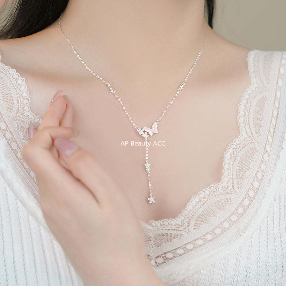D廠-S999足銀滴膠蝴蝶花朵流蘇項鍊清新森系淡雅小眾顯瘦鎖骨鏈批發「YC2185N_1」25.11-4