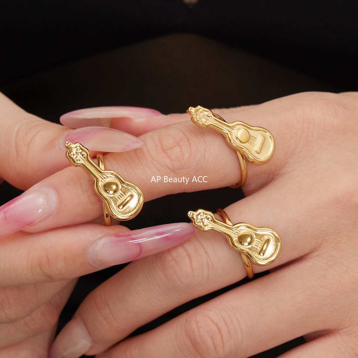 B廠-不鏽鋼小吉他開口戒指鍍18k真金學院風個性潮酷配飾ins小眾設計感「A542」25.12-3