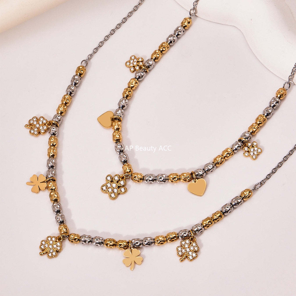 B廠-簡約不鏽鋼拼色項鍊手鍊套裝四葉草鑲嵌鋯石吊墜鍍18k真金「TXP467-TXE467」25.11-3