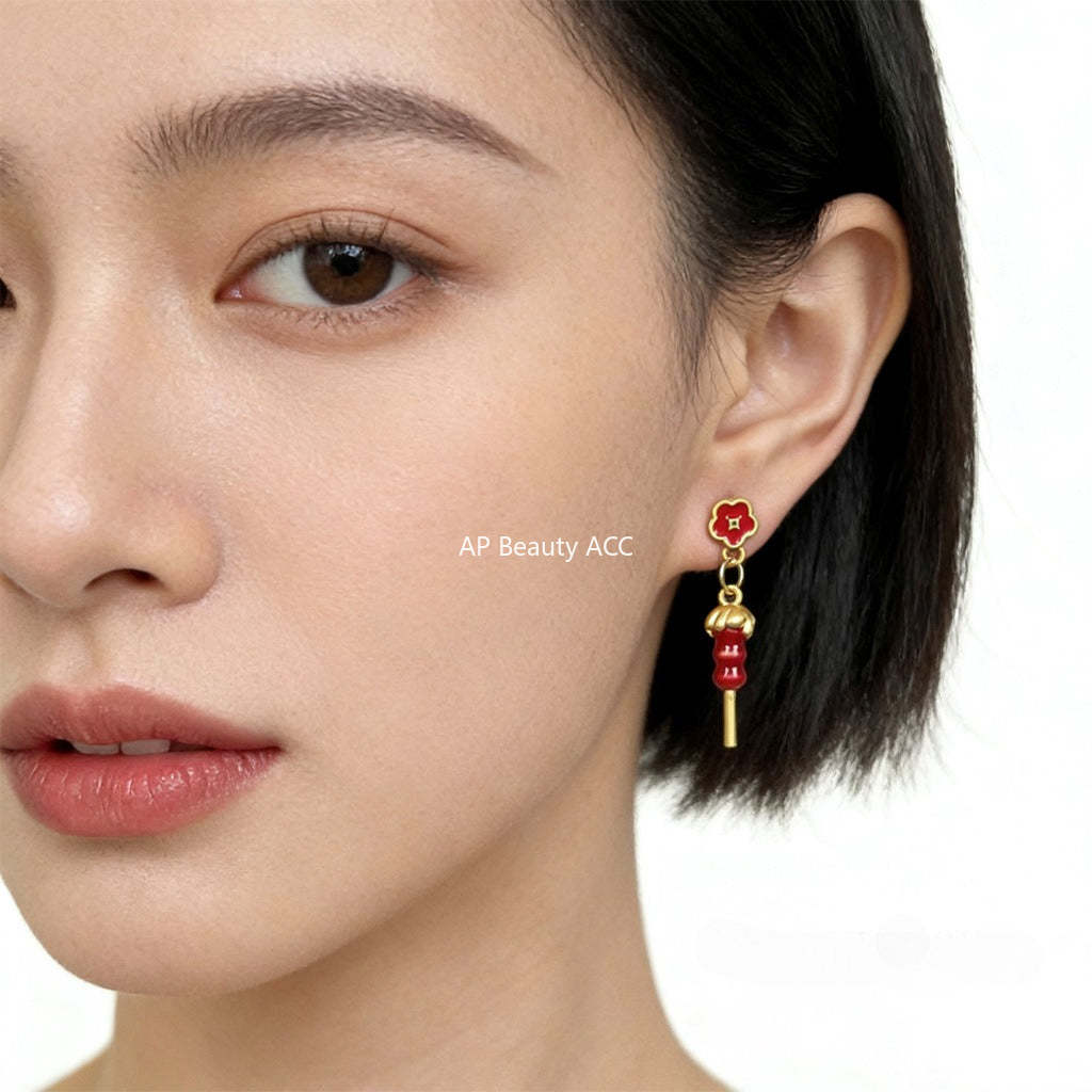 A廠-時尚高級感糖葫蘆串新款耳飾琺瑯滴釉新年紅色耳飾新中式耳環「7209」25.12-2