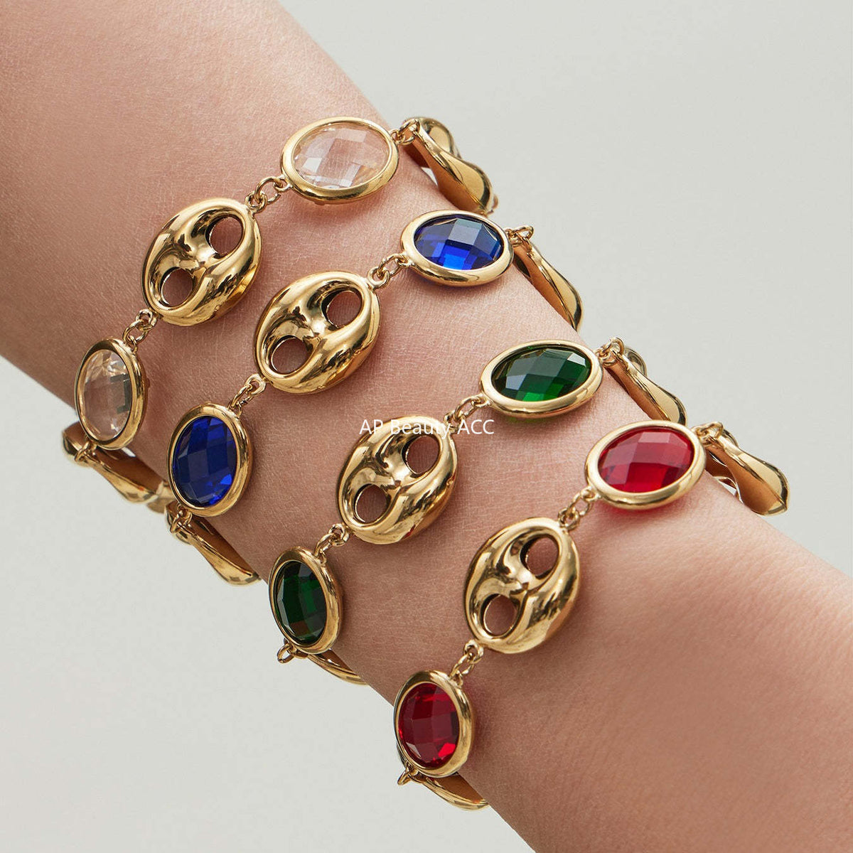 B廠-不鏽鋼空心豬鼻子包邊玻璃石手鍊項鍊套裝鍍18k真金跨境珠寶首飾「TXP514」25.12-2