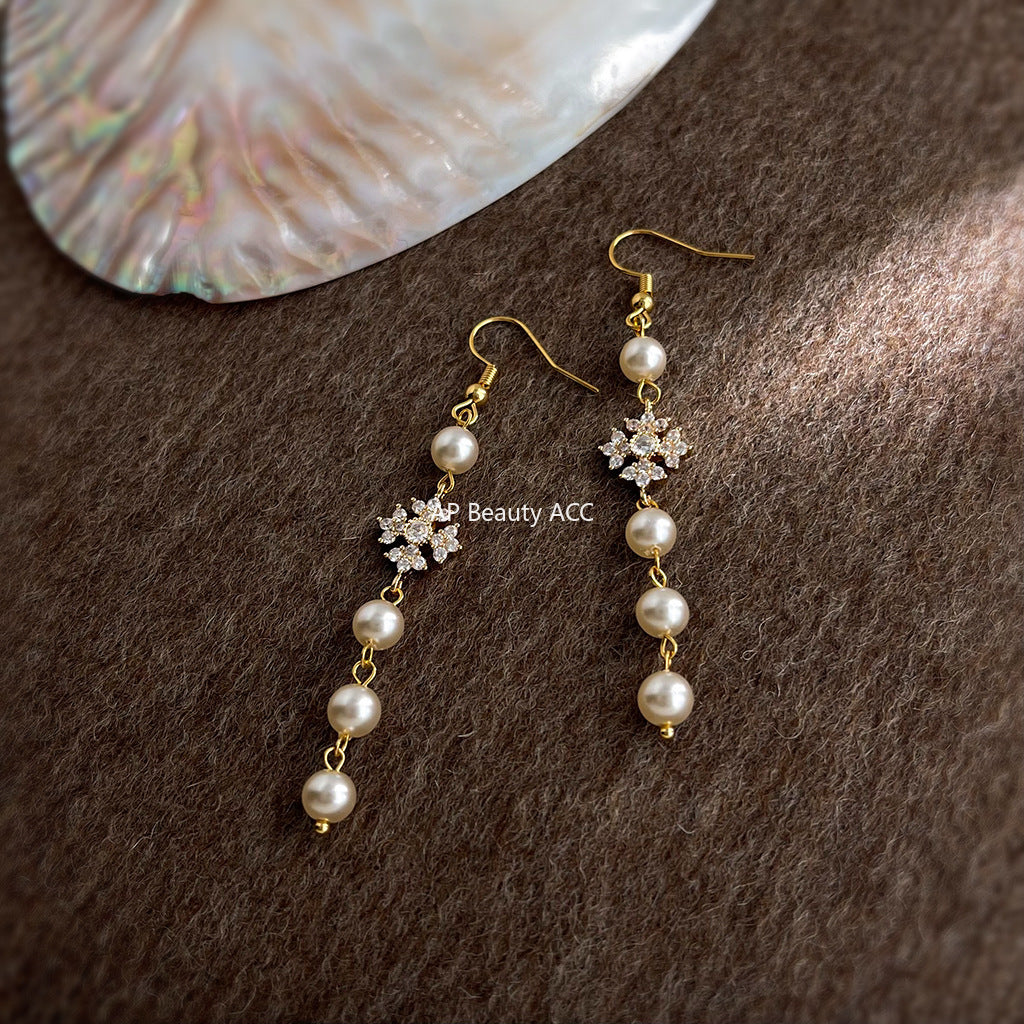 A廠-微鑲鋯石法式長款珍珠流蘇手工藝設計感新款耳飾工廠耳環飾品批發「7064」25.11-2