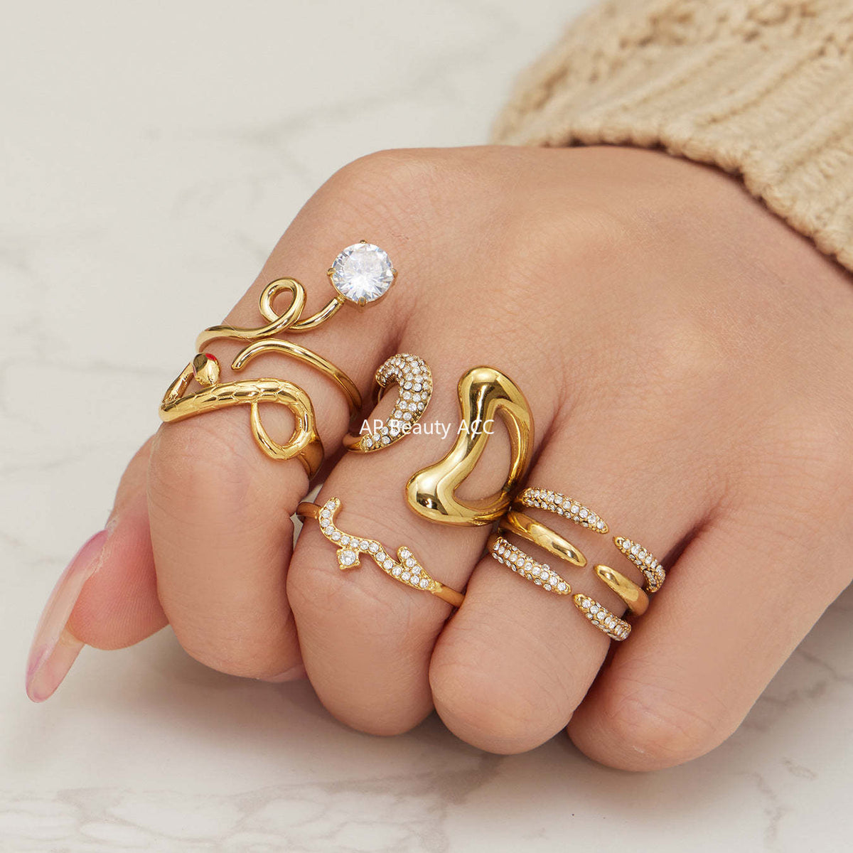 B廠-不鏽鋼細鑽鑲嵌鋯石開口戒指組合鍍18k真金INS小眾時尚設計手飾品「A382-A-A622-A674」25.12-3