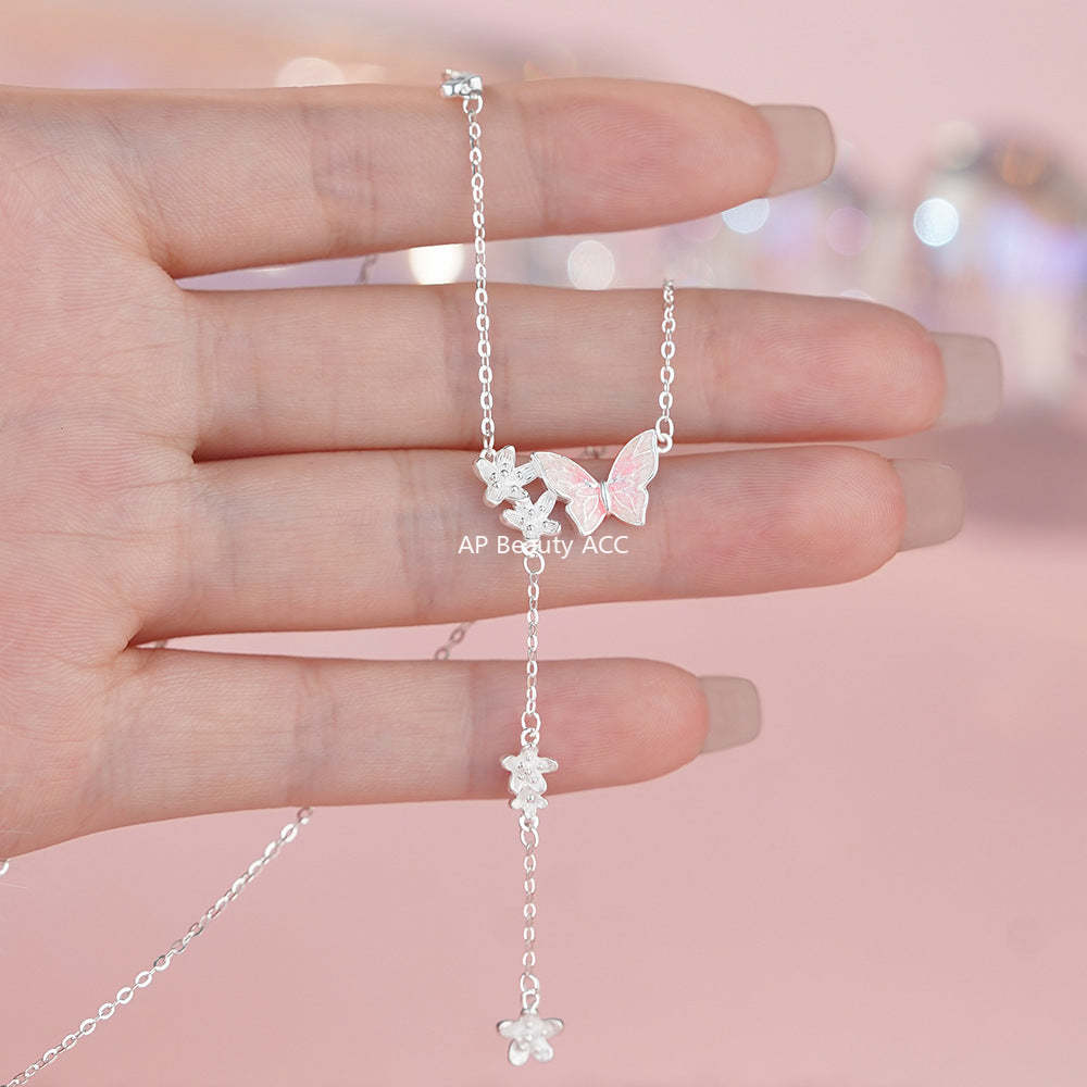 D廠-S999足銀滴膠蝴蝶花朵流蘇項鍊清新森系淡雅小眾顯瘦鎖骨鏈批發「YC2185N_1」25.11-4