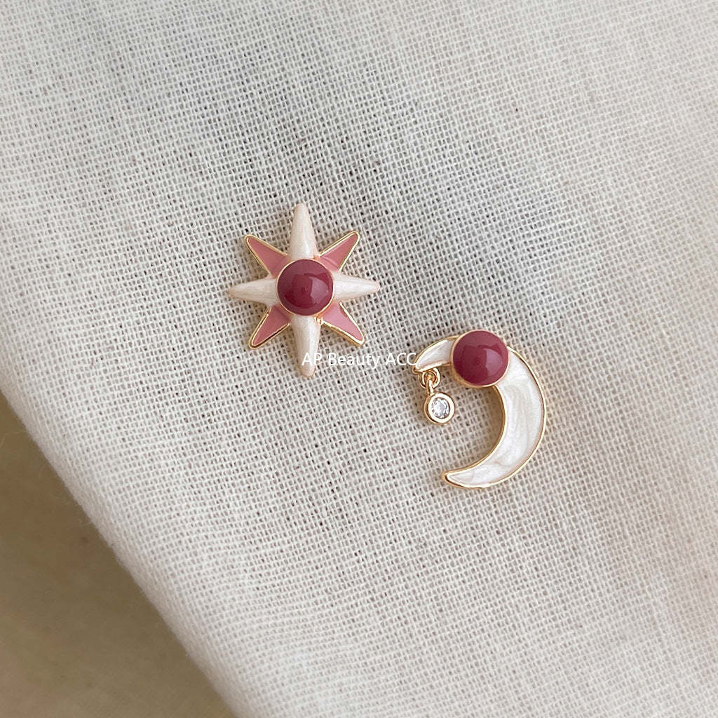 A廠-原創八芒星月亮~925銀針不對稱設計清新甜美學院風新款耳飾耳環女「7043」25.11-1