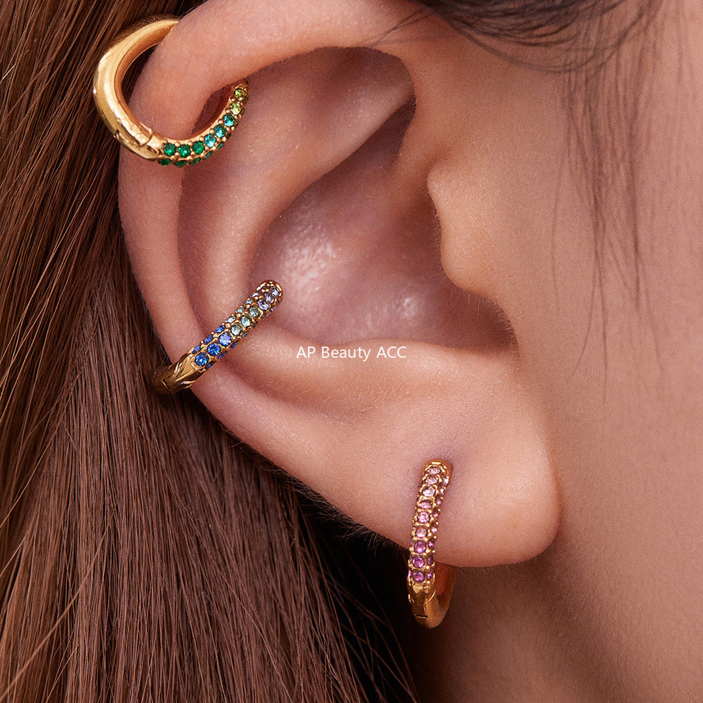 B廠-超閃5A彩色鋯石小耳環卡扣耳飾不鏽鋼鍍18k真金跨境熱銷款「F752」25.11-1