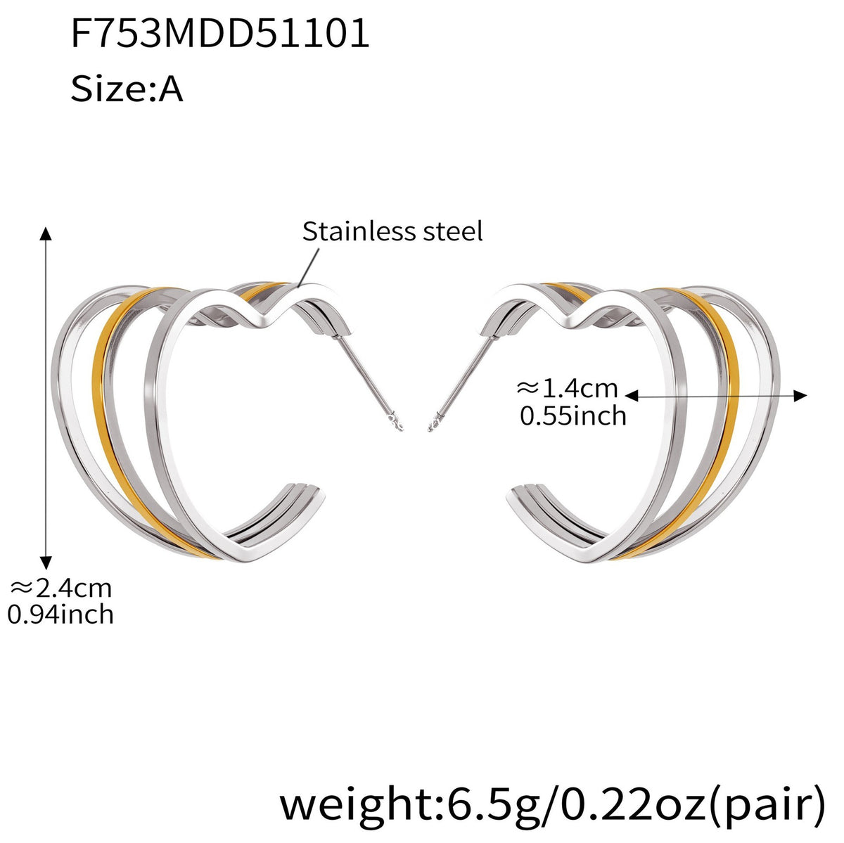 B廠-ins風小眾設計三層愛心形耳環不鏽鋼18k鍍金耳釘不掉色耳飾「F753」25.11-1