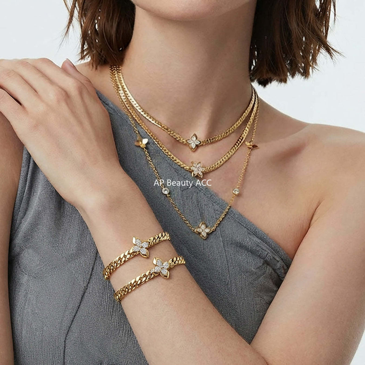 B廠-不鏽鋼超閃5A鋯石花朵吊墜項鍊手鍊INS小眾設計歐美熱銷新款飾品「TXP525」25.12-3