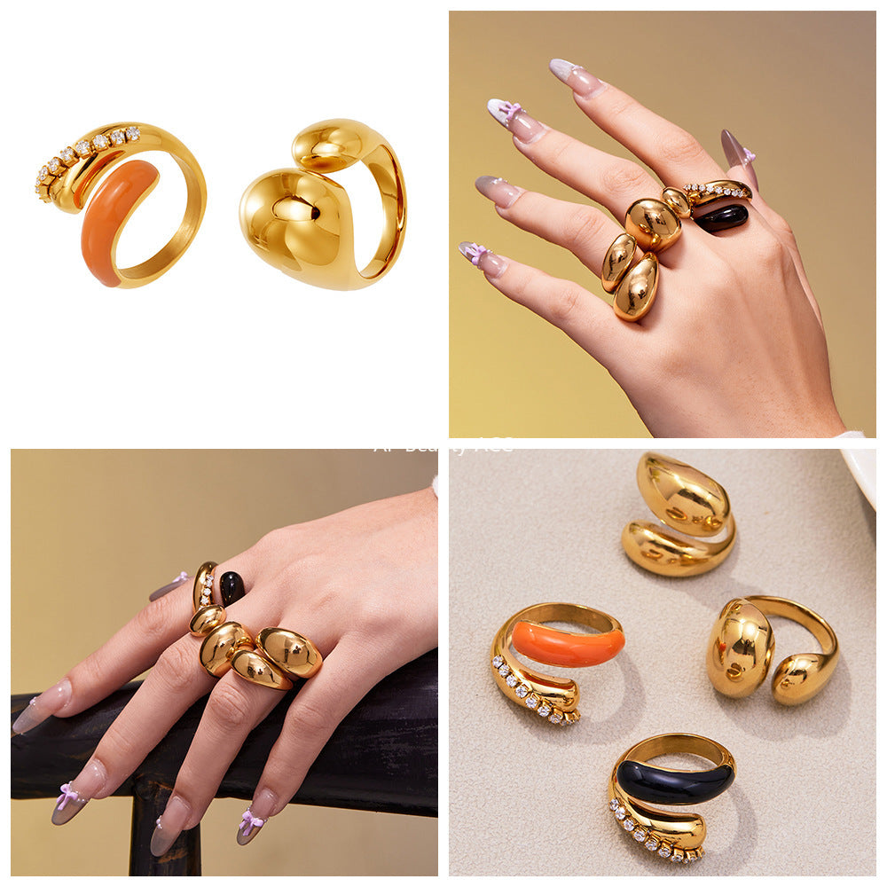 B廠-跨境法式光面雙水滴開口戒指不鏽鋼鍍18k真金不掉色首飾品「A656-A658」25.11-1