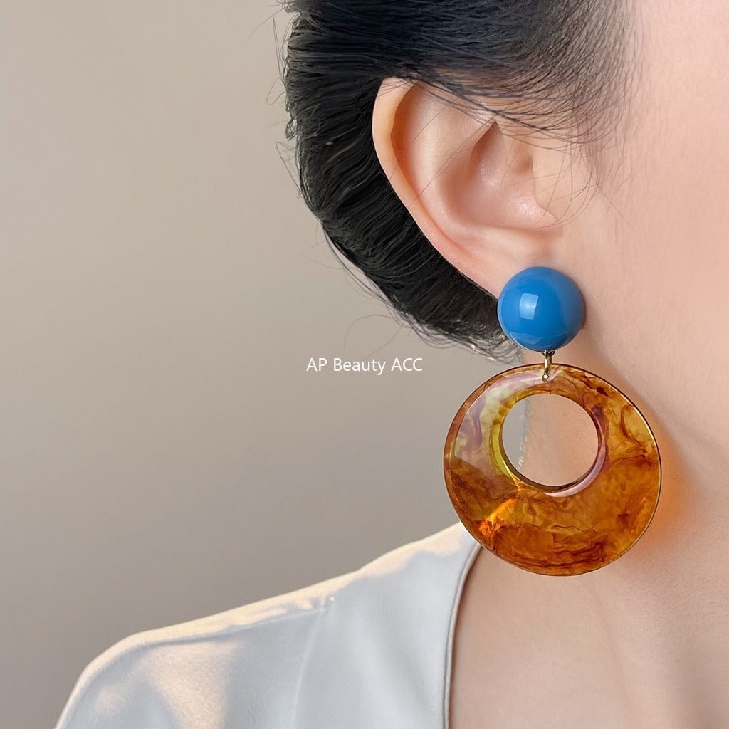 A廠-秋冬爆款文藝復古美拉德風暈染色琥珀咖色幾何誇張圓形耳飾耳環「7029」25.11-1