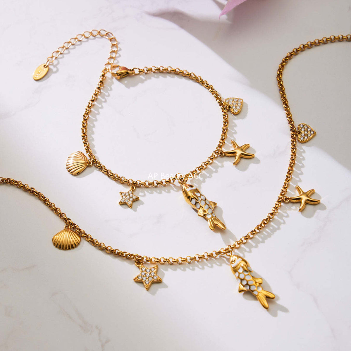 B廠-不鏽鋼ins小眾五角星鋯石滴油小魚兒多彩吊墜手鍊項鍊套裝「TXP484」25.11-4