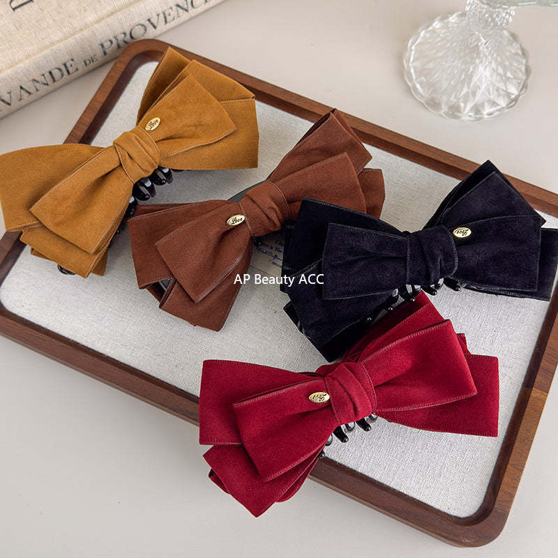 E廠-美拉德麂皮蝴蝶結金標香蕉夾蓬松顯髮量高馬尾抓夾優雅半扎髮夾子「27621」25.11-1