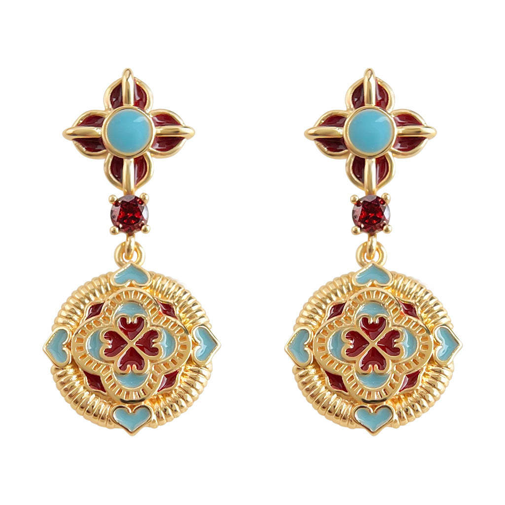 A廠-原創設計新中式民族風925銀針琺瑯滴釉彩繪文藝復古高級感耳飾 耳環「7038」25.11-1