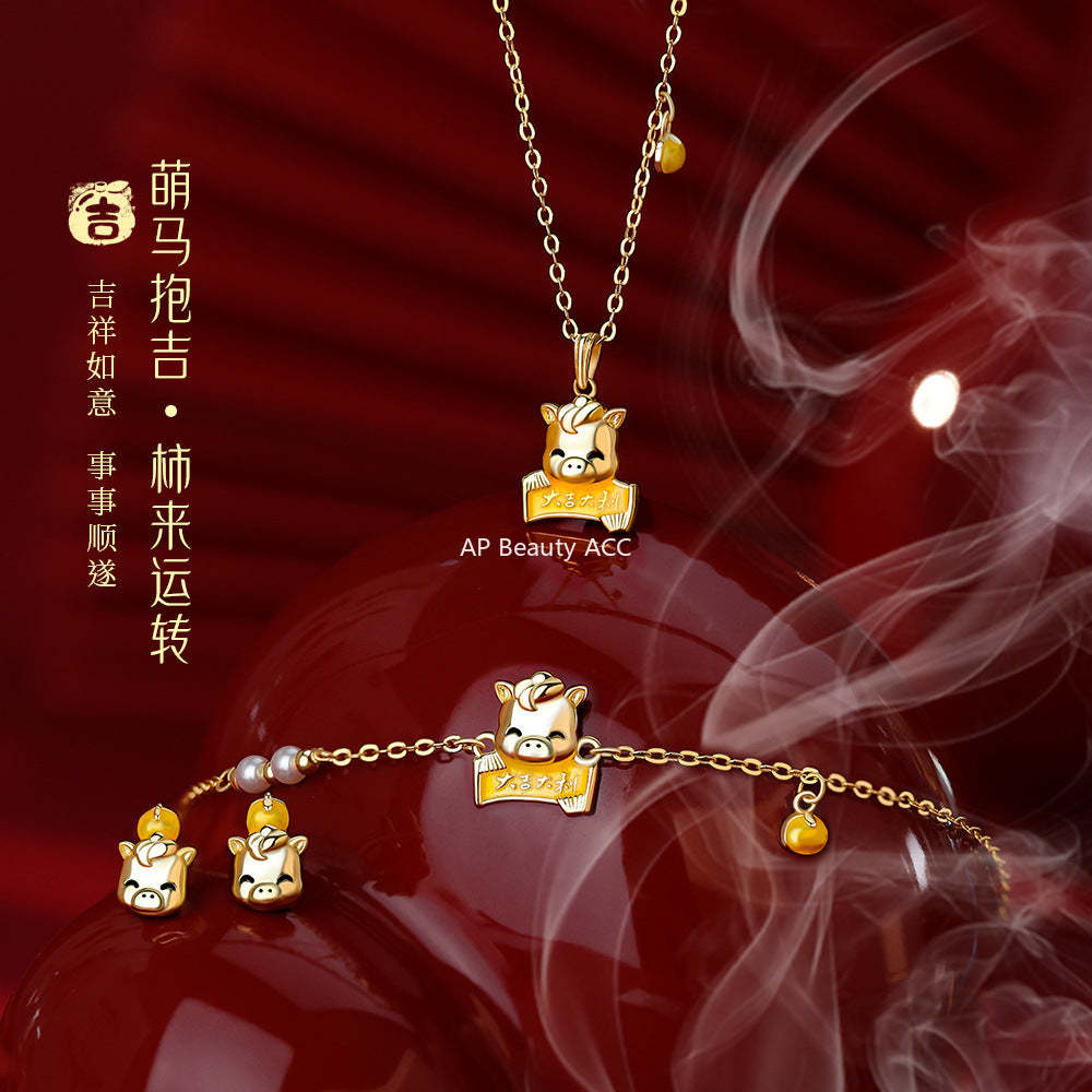 D廠-原創足銀S999柿來運轉大吉大利小馬項鍊輕奢耳釘個性中式手鍊「YC9738E_1 YC5412SL_1 YC0457N_1」25.12-3