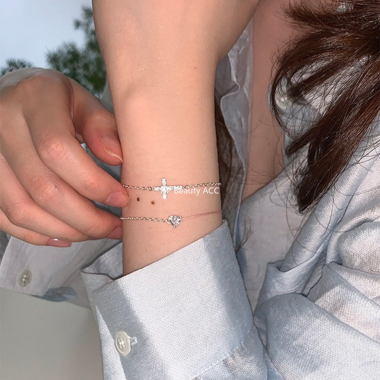 C廠-輕奢小眾愛心鋯石手鍊女高級感潮流十字架純銀手飾百搭冷淡風飾品「SL-487」25.11-1