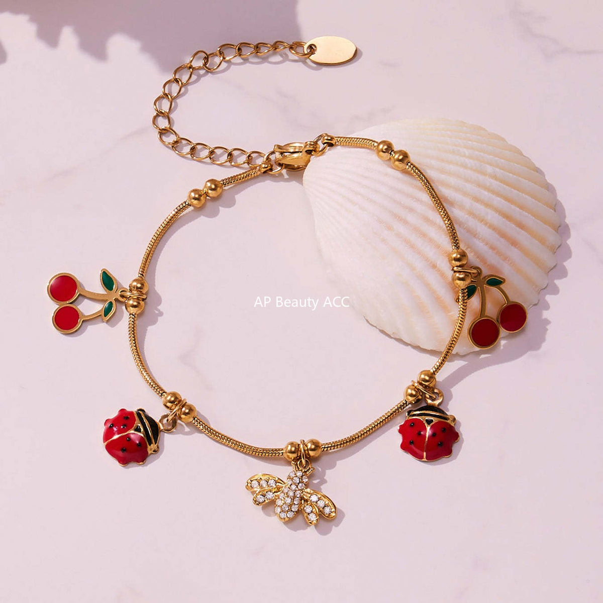 B廠-超閃5A鋯石蜜蜂昆蟲DIY多吊墜手鍊可愛櫻桃不鏽鋼材質飾品「E130-E160」25.10-5