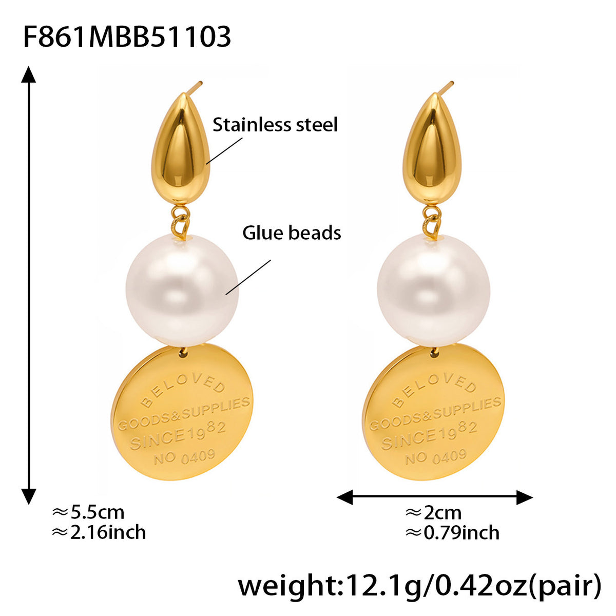 B廠-法式小眾氣質圓牌字母吊墜耳環大膠珍珠飾品不鏽鋼18K鍍金「F860-F861」25.11-1
