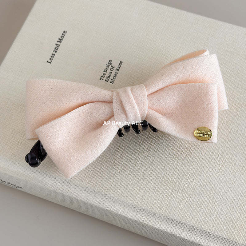 E廠-韓國秋冬高級感雙面呢子蝴蝶結香蕉夾韓系金標竪夾馬尾髮夾髮飾「27639」25.11-1