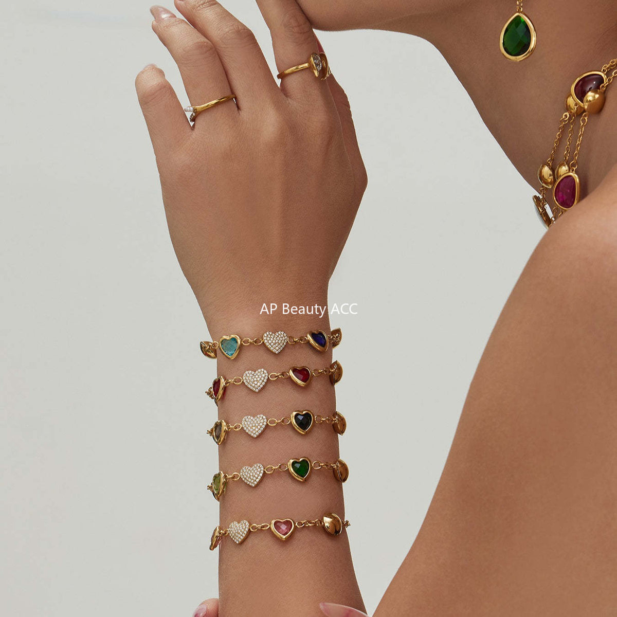 B廠-不鏽鋼彩色樹脂包邊項鍊5A鋯石愛心手鍊多巴胺飾品套裝鍍18k真金「TXP515」25.12-2