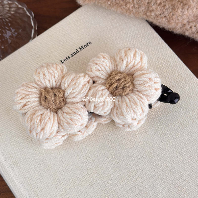 E廠-復古毛線花朵香蕉夾竪夾女秋冬飽滿後腦勺高馬尾抓夾氣質百搭髮夾「27628」25.11-1