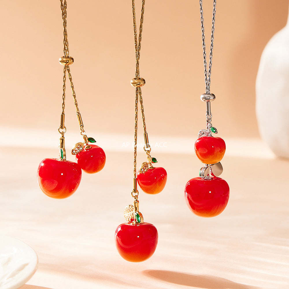 B廠-5A鋯石抽拉大小櫻桃吊墜毛衣項鍊不鏽鋼鍍18k真金珠寶首飾「P1366」25.11-3