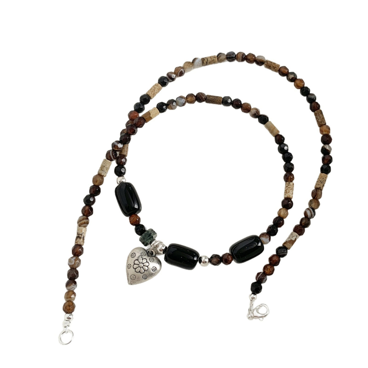 C廠-藏式民族風串珠項鍊S925純銀愛心花朵瑪瑙天然石文藝冷淡頸鏈手作「1607」25.11-2