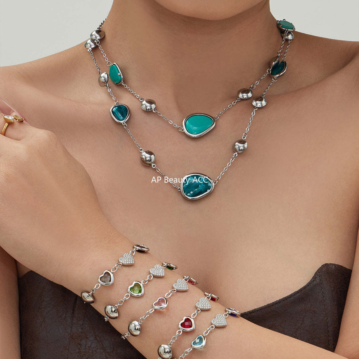 B廠-不鏽鋼彩色樹脂包邊項鍊5A鋯石愛心手鍊多巴胺飾品套裝鍍18k真金「TXP515」25.12-2