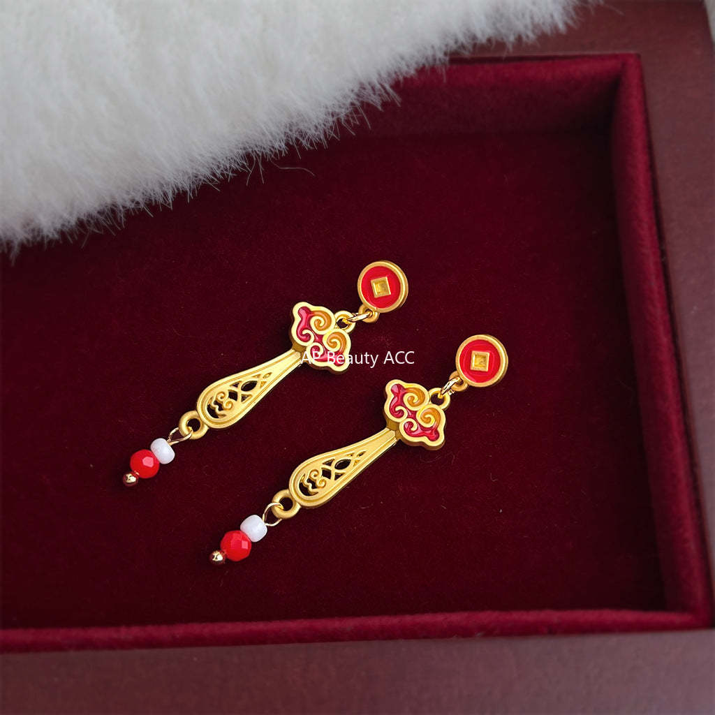 A廠-新年款玉如意琺瑯手工彩繪滴釉紅色新款耳環工廠長款新中式耳環飾品「7214」25.12-2