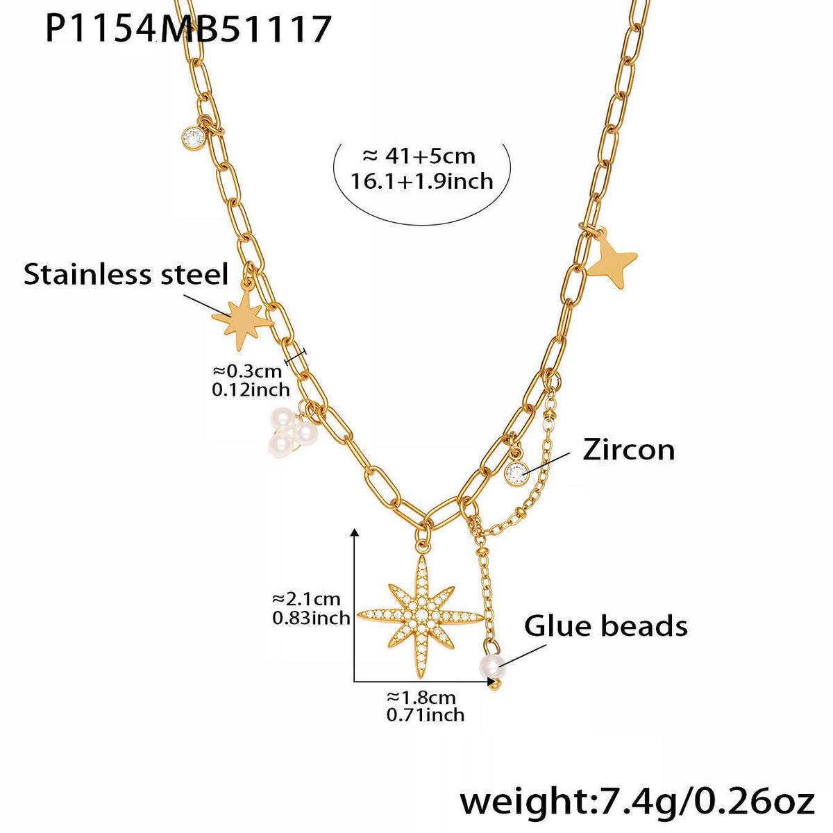 B廠-超閃八芒星5A鋯石吊墜手工鏈鎖骨項鍊不鏽鋼鍍18k真金飾品「P1154」25.11-4