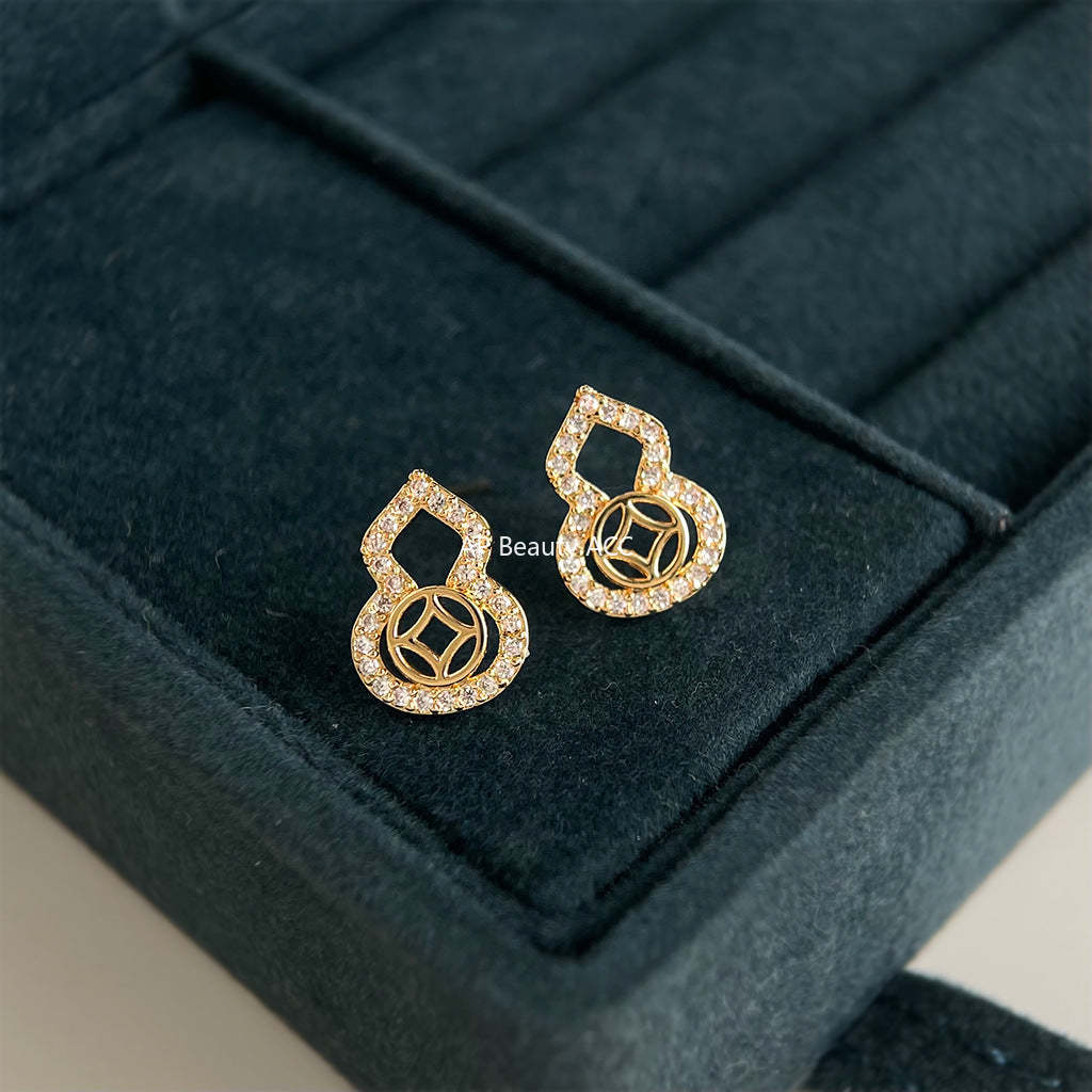 A廠-葫蘆~微鑲鋯石925銀針保色電鍍時尚通勤高級感輕奢風新款耳環耳釘「7181」25.12-1