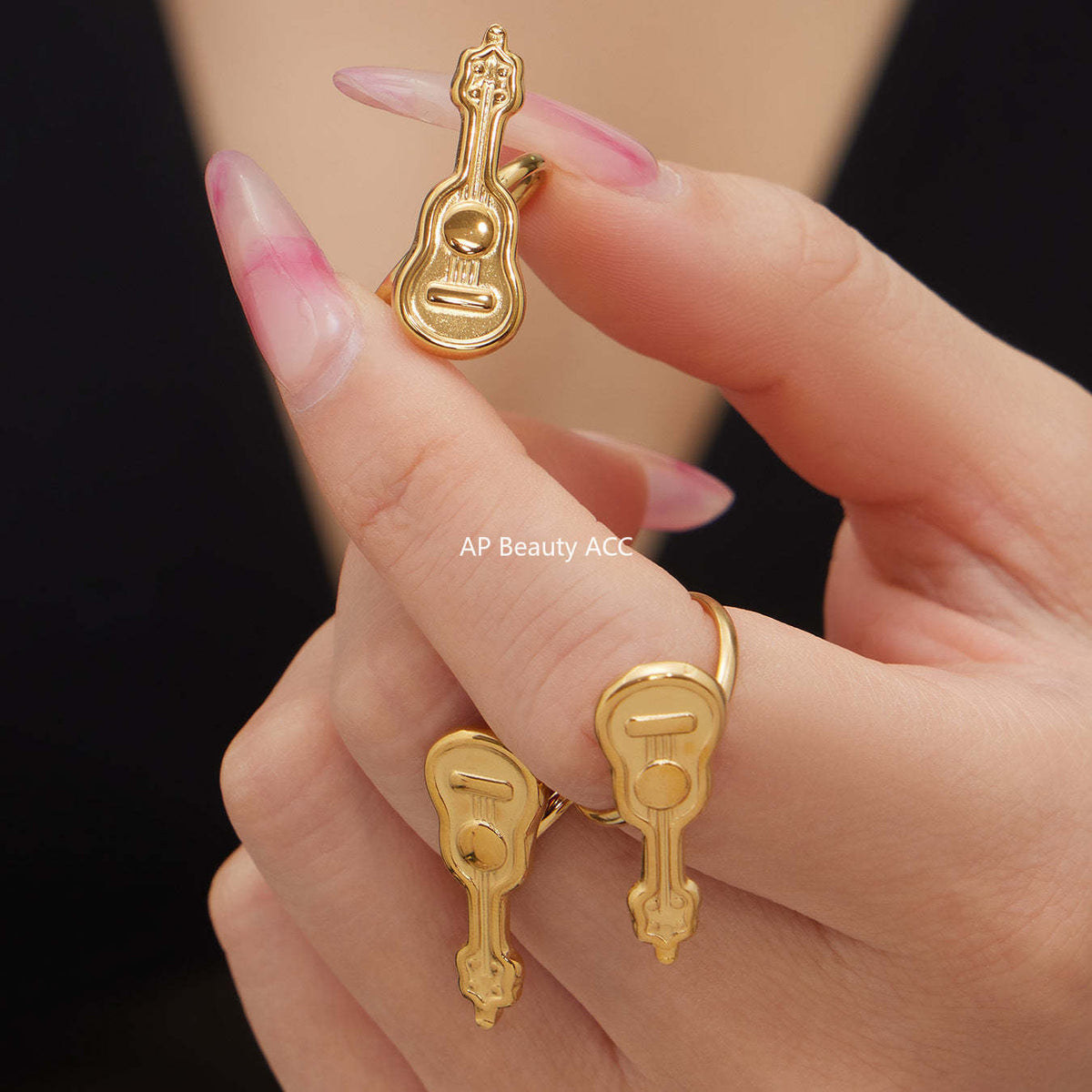 B廠-不鏽鋼小吉他開口戒指鍍18k真金學院風個性潮酷配飾ins小眾設計感「A542」25.12-3